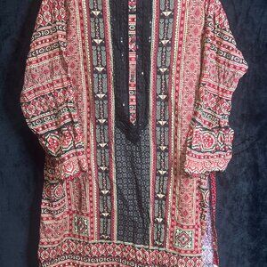 Red & Black Printed Long Tunic Kurti Top with Sequins Size XL
